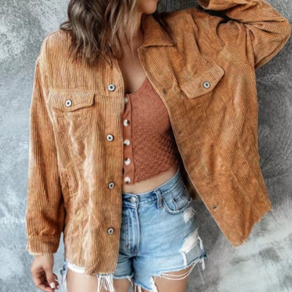 Enkelknäppt Långärmad Kappa Nedfälld Krage Casual Ficka Fram Kort Kappa för Kvinnor Khaki XL