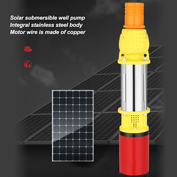 12V 250W Solardriven Djupbrunnspump 8m Lyft 5m³/h DC Vattenpump med 3 Kopplingar 1 tum 1,5 tum 2 tum för Familjer Gårdar