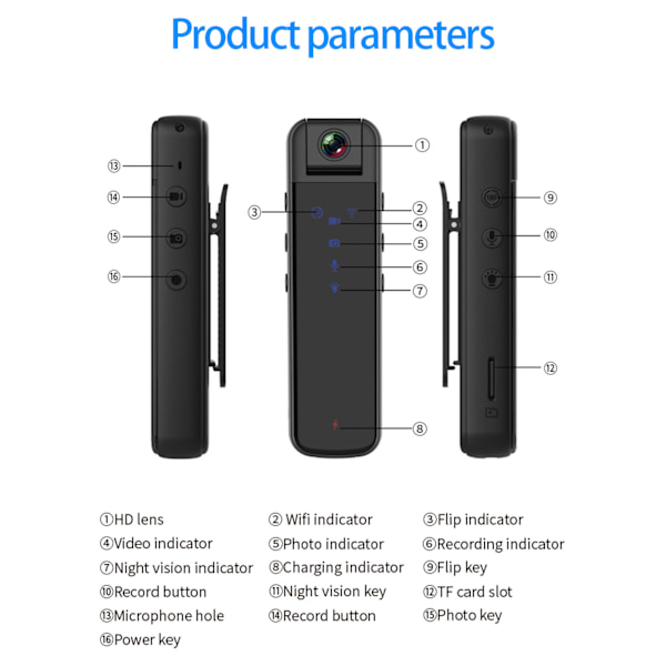 Kroppsmonterad kamera 1080P Nattseende 180° Rotationslins Loopinspelning Wifi Mobildetektering Fickkamera