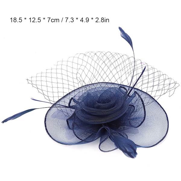 Damhatt i gasväv, bröllop, fågelbur, fascinator, fjäder, hårtillbehör (Djupblå)