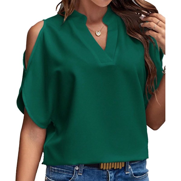 Dam Cold Shoulder Blus V-ringning Enfärgad Ledig Elegant Kortärmad Sommarblus Mörkgrön XL