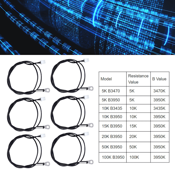 10 stk NTC Termistor Temperatursensor Sonden Rundt Øre Kaldpresset Terminaltilkobling 500mm5K B3950
