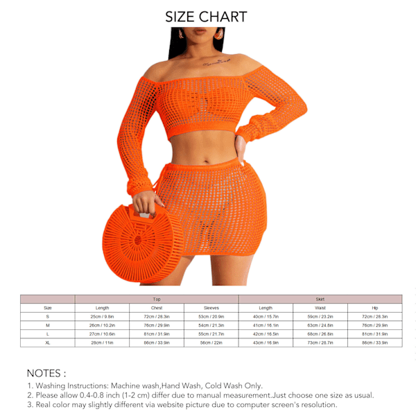 Naisten 2-osainen asukokonaisuus, ontto neulottu setti, jossa on olkapäältä putoava pitkähihainen lyhyt toppi ja lyhyt hame, oranssi XL