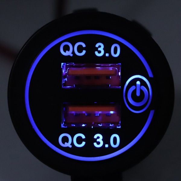 Billaddare Dubbel USB-port QC3.0 Snabbladdning med Tryckbrytare för 12‑24V Båt Motorcykel ATV RV Blå LED-indikator