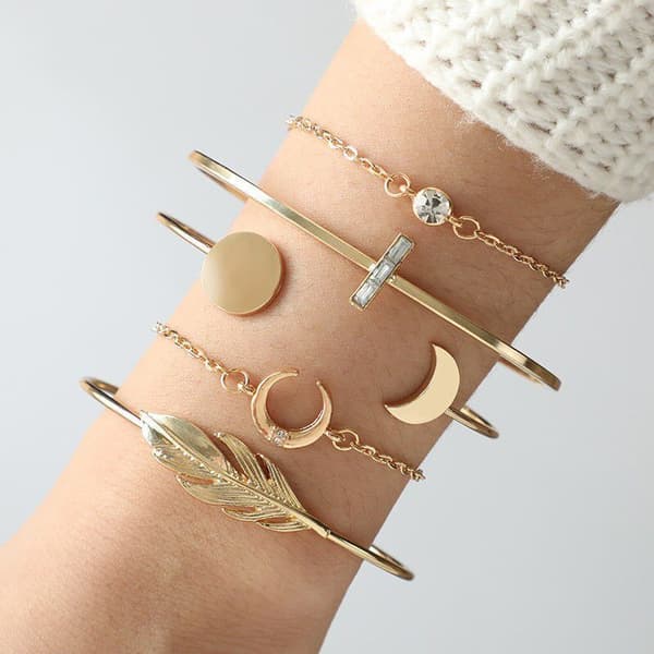 Boho sæt med 5 guld-endede åbne blad-måne-armbånd til kvinder