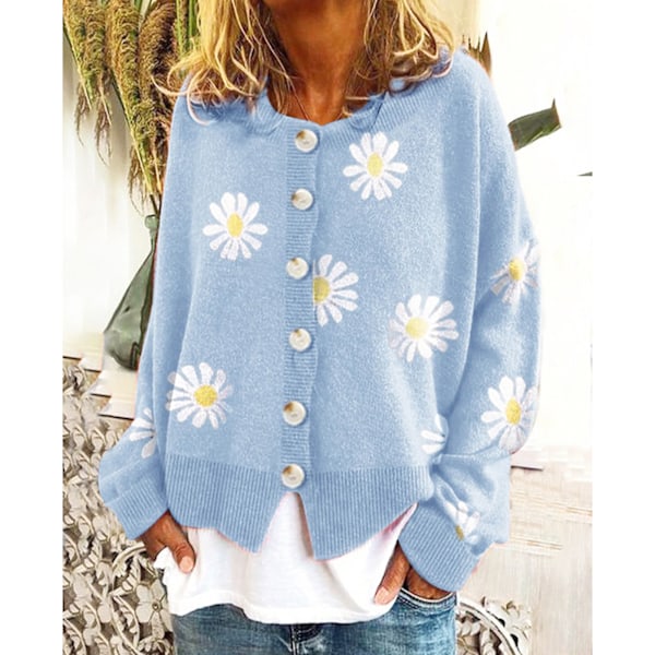 Stickad damtröja med prästkragar, knappdetaljer, rund hals, lös passform, pullover, himmelsblå XL