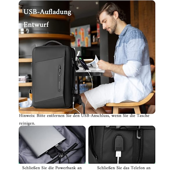 Expanderbar 26L-38L ryggsäck, affärsryggsäck herr, laptopväska 17 tum med USB laddningsport, vattentät ryggsäck, stöldskydd, flygtestad