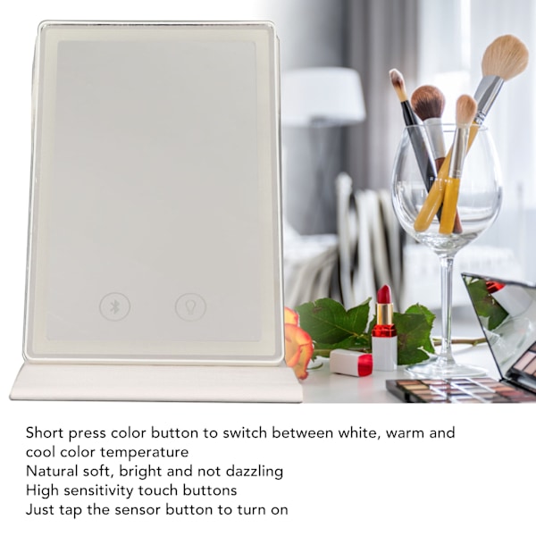 Reseförstoringspegel med belysning, Bluetooth-högtalare, LED, 3 färger, dimbar, fällbar, bordsmodell, vit