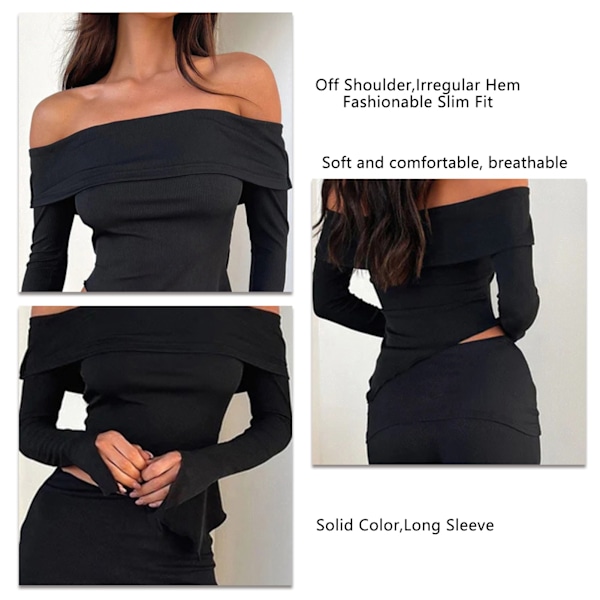 Dam Off Shoulder Blus Trendig Långärmad Oregelbunden Fåll Stretchiga Skjortor för Arbete Shopping Svart M
