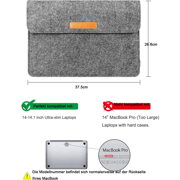 Laptop Sleeve Kompatibel med 14\" Bærbare Computere/15\" MacBook Pro 2016/2017/2018/2019 (Model A1707/A1990)