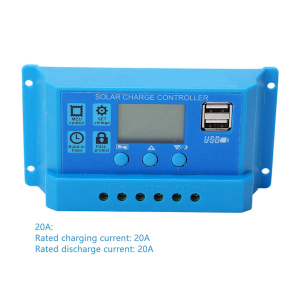 Solcelleladeregler PWM LCD-skjerm Parameterjusterbar 2 USB Solcelleladeregulering Blå 12V 24V