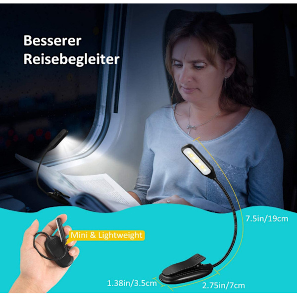 Uppladdningsbar läslampa, batteri- och USB-driven portabel lampa med 3 ljusfärger, flimmerfritt ögonskydd, snabbladdning, justerbar