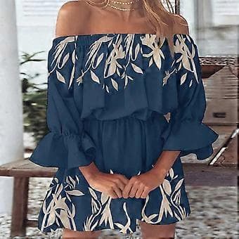 Uformell blomstrete off-shoulder swingkjole med trompetermer for kvinner (style6074)