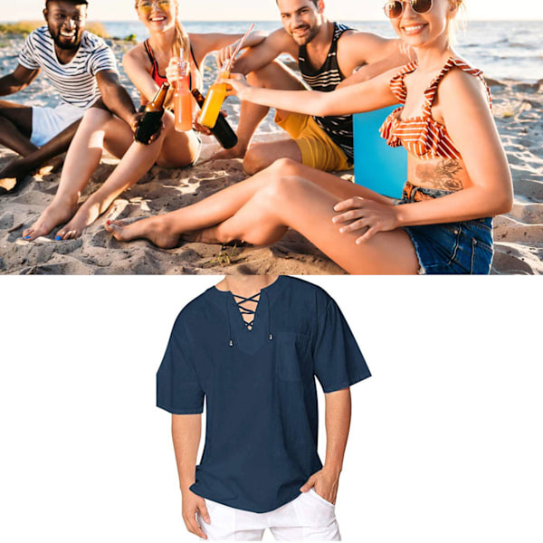 Mænd V-hals T-shirt Krydsende Remme Korte Ærmer Ren Farve Casual Sommer Top til Daglig Brug Blå M