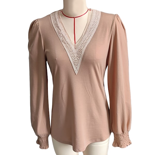 Dam Casual Spetskant V-ringad T-shirt Klänning Snygg Puff Långärmad Lös Tunika Blus Topp Khaki XXL