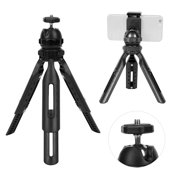 Mini Retractable Tripod 2 Sections Mobile Phone Holder with 360° Adjustable Ball HeadBlack