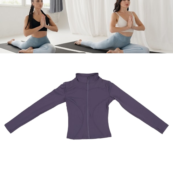 Yogajacka Ståkrage Långärmad Hög Elasticitet Dragkedja Polyesterfiber Slim Träningsjacka för Löpning Aubergine Lila L