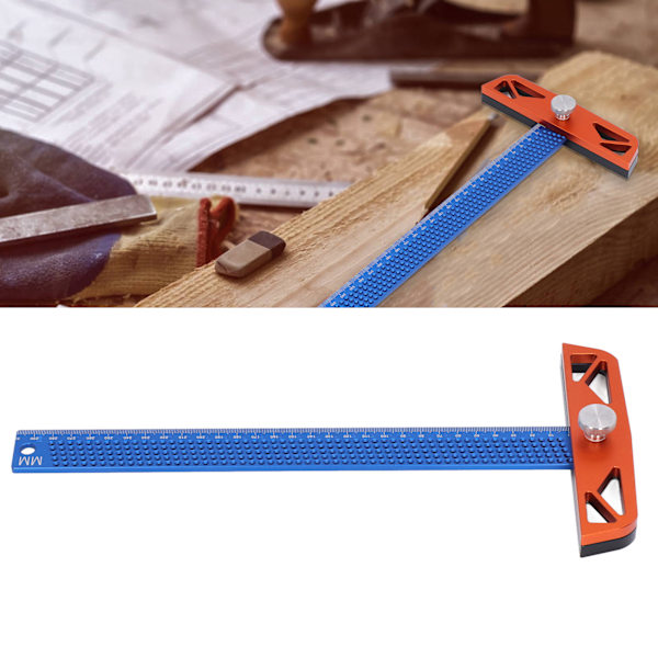 T-formet linjal i aluminiumlegering, 2 bakplater, 2 brukbare lengder, blå, justerbar, fleksibel merking, trebearbeidingsverktøy T-300MM