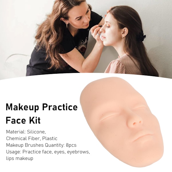 Sminkövningsansikte Kit 3D Realistiskt Helansikte Övning Bred 8st Sminkborstar Återanvändbar Mannequin Kosmetisk Övningsverktyg Ljus Hudfärg