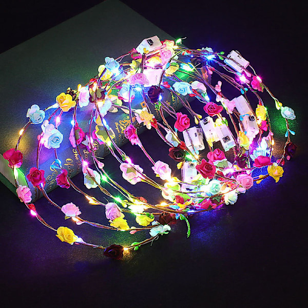 12 stykker LED-blomsterkrone-pannebånd - multifarge glødende blomsterhårkrans Belysning Kranskrone til Halloween Cosplay-dekorasjon Bursdagsbryllup
