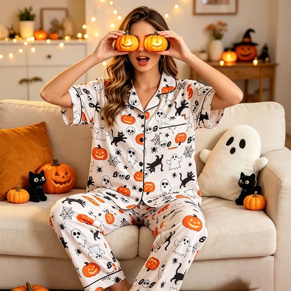 2-delt Halloween Pyjamasæt: Langærmet knap-ned top og bukser til kvinder – Størrelse S S