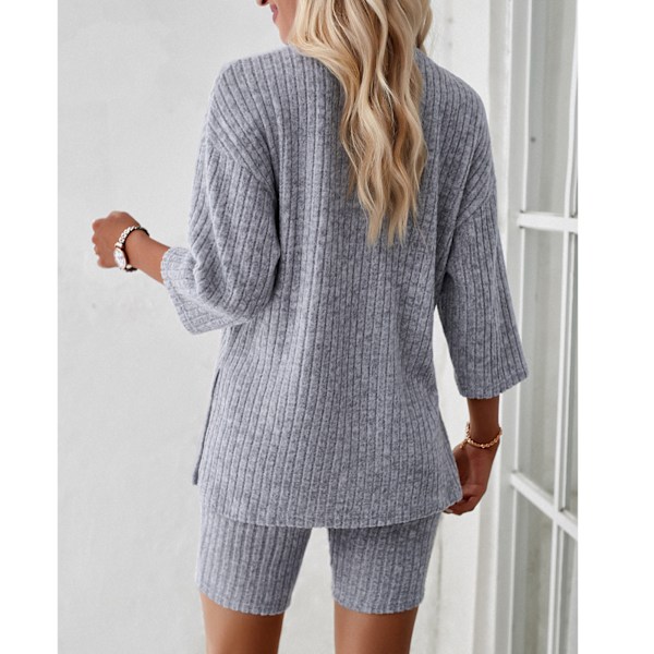 Dam 2-dels Set 3/4 Ärm Ribbad Rund Hals Oversized Casual T-shirt Shorts Set Grå M