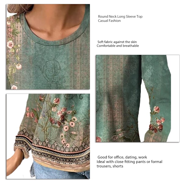 Rundhalsad Blommig Blus Långärmad Trendig Casual Figursydd Blommig Blus för Kvinnor Grön S