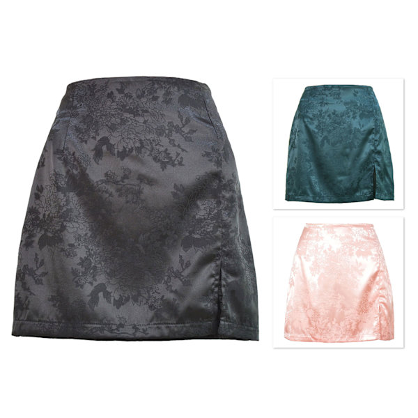 Højtaljet Skørt med Slids i Siden, Hip Wrap, Lynlås, Moderigtig, Komfortabel, Jacquard Satin Skørt til Kvinder, Sort, L
