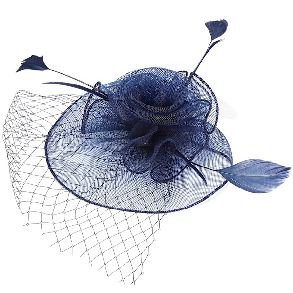 Damhatt i gasväv, bröllop, fågelbur, fascinator, fjäder, hårtillbehör (Djupblå)