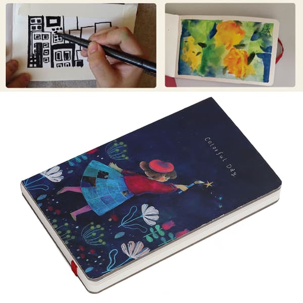 Kunstnerisk journal med håndtegnede illustrationer, linjerede sider, notesbog med elastiklukning og papir af høj kvalitet, elegant