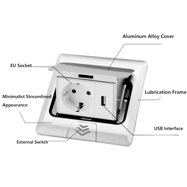 Gulvstrømuttak Innebygd Pop Up Sokkelboks EU Standard USB Strømtilbehør 250V 16ASlow Pop Up