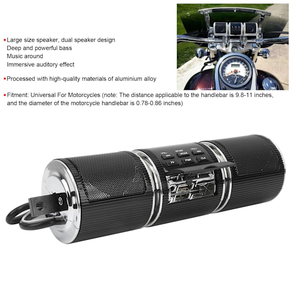 Motorcykel Stereo Højttaler Bluetooth MP3 Lyd Styrbøjle Afspiller Vandafvisende Høj Lydkvalitet Sort