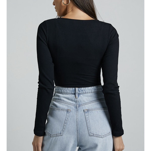 Dam Ribbstickad Långärmad Body Halv Knapp Enfärgad Elastisk Andningsbar Långärmad Slim Fit Trendig Body Svart S