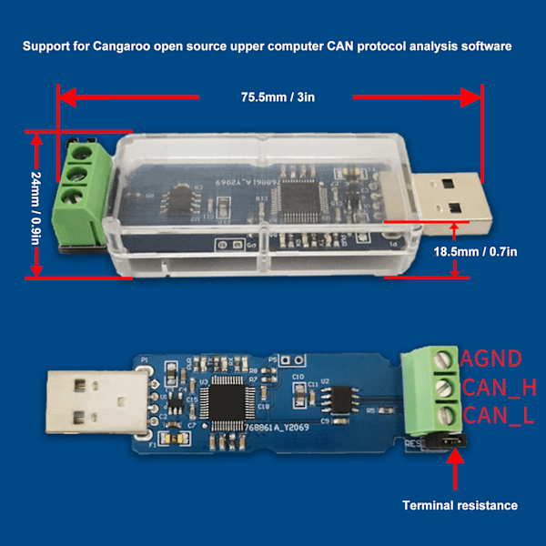 USB-CAN-muunninsovitin, eristämätön siru, 1M baudinopeus, 3-värinen LED-tilailmaisin, USB-CAN-moduuli