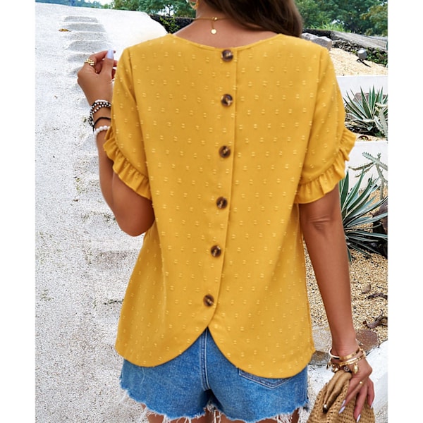Kortärmad Jacquard Blus Enfärgad Casual Figurnära Volangdetaljer Rund Hals Jacquard Blus för Kvinnor Gul L