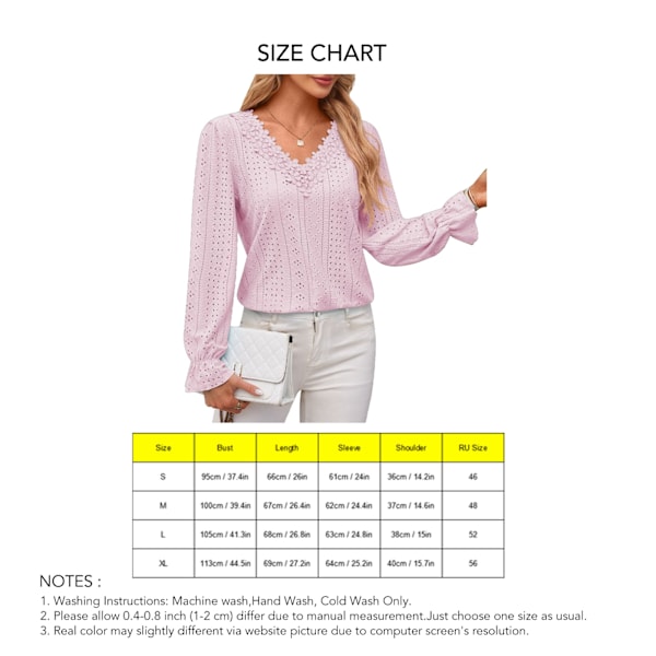 Spets V-ringning Blus Casual Figursydd Enfärgad Ihålig V-ringning Spets Långärmad Blus för Kvinnor Rosa M