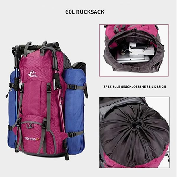 Bekväm 60L Vandringsryggsäck, Matt Ytdesign Utomhus Rese-dagsryggsäck med Ergonomiska Vadderade Remmar för Män Kvinnor
