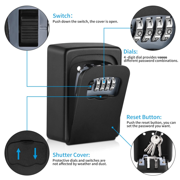 Sikker nøkkelboks - Robust og holdbar utendørs sikker nøkkelboks, kan endre passord, vanntett og rustsikker, egnet for innendørs og utendørs bruk