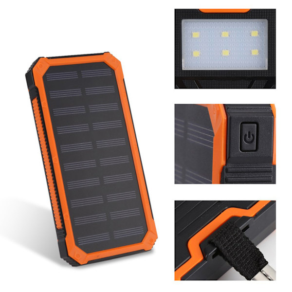 20000mAh Bærbar Solenergi Powerbank Ekstern Batterilader med 6 stk. LED Lys Orange