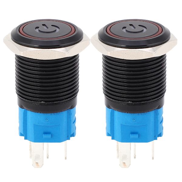 2 stk Svarte Selvlysende Metallbrytere IP65 Beskyttelse med LED-lampe og Symbol 16mm (Rød 12VDC)