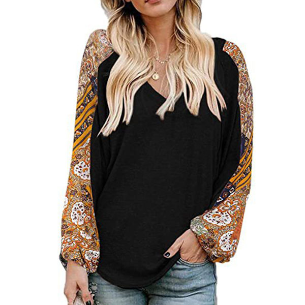 Dam Blus Splicing Tryck Långärmad V-ringning Lös Passform Dam Casual Pullover Topp för Arbete Dejting Resor Svart L