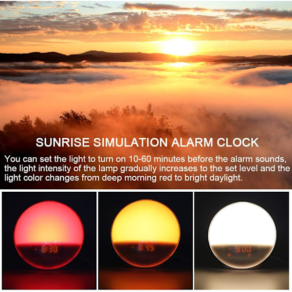 Vakna Upp Lampa för Sovrum, Soluppgång Väckarklocka med Mjuk Uppvakning, Dubbel Väckarklocka för Separata Rutiner, Snooze-funktion, Vitt Brus Ljudmaskin