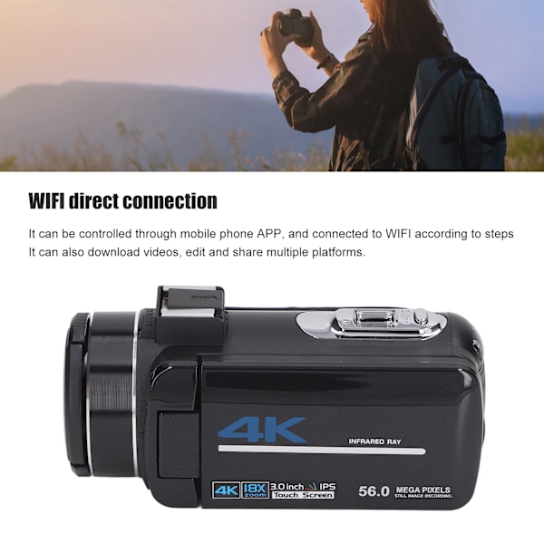 4K Videokamera Camcorder 18X Digital Zoom 56MP Videospelare 3.0 tum Pekskärm WiFi Vlogkameror med Fjärrkontroll