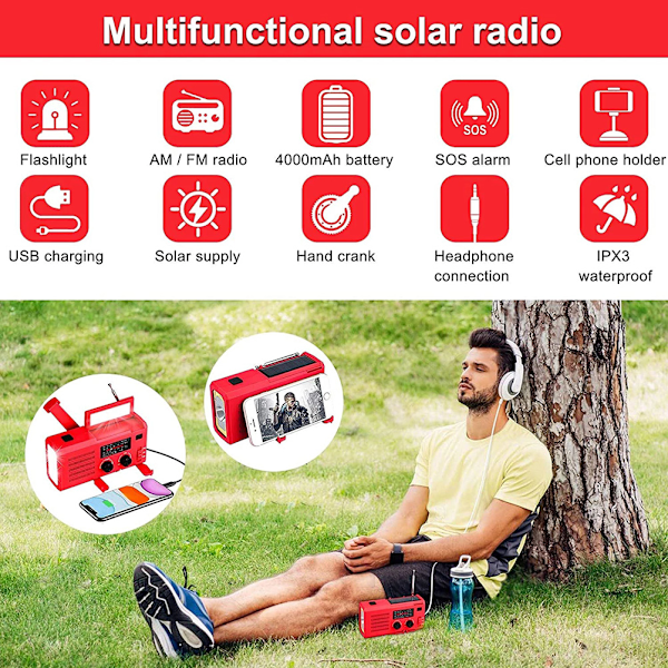 Nödradiomanuell Vev Solcellsdriven SOS-larm Uppladdningsbar Dynamo Telefonladdare COB Ficklampa Radio