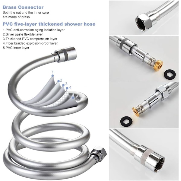 Temperaturbeständig Duschslang, Högkvalitativ PVC med A-klassig Smidd Mässingskoppling för Multifunktionell Användning, Elegant Kromfinish (2M)