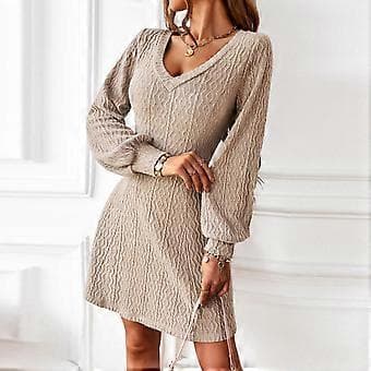 V-ringad Stickad Långärmad Klänning Trendig Elegant Klassisk Midja Slim Fit Dam Tröjklänning för Höst Vinter