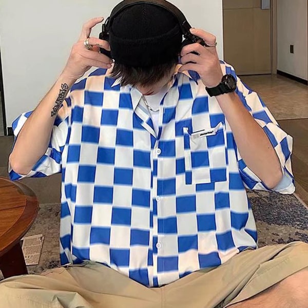 Mænd Sommer Skjorte Farveblok Korte Ærmer Knapper Foran Vendt Ned Krave Mand Oversized Skjorte til Dating Blå L
