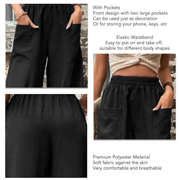 Dame Wide Leg Bukser Elastisk Talje Ren Farve Dame Casual Bukser med Lommer til Daglig Arbejde Shopping Sort XXL