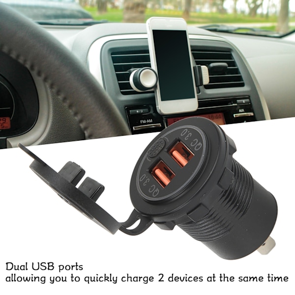 Billadapter med dubbla USB-portar, QC3.0, rött ljus, strömbrytare, universell för mobiltelefoner, surfplattor, GPS
