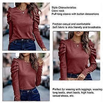 Dame Puff Langermet Topp Rund Hals Knappdekorasjon Løs Passform Casual Pullover Bluse Vinrød S